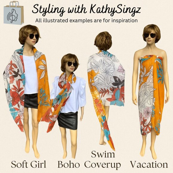 Floral Print Lightweight Wrap Scarf Swim Coverup Tropical Design 74 x 36 inches - Picture 2 of 10